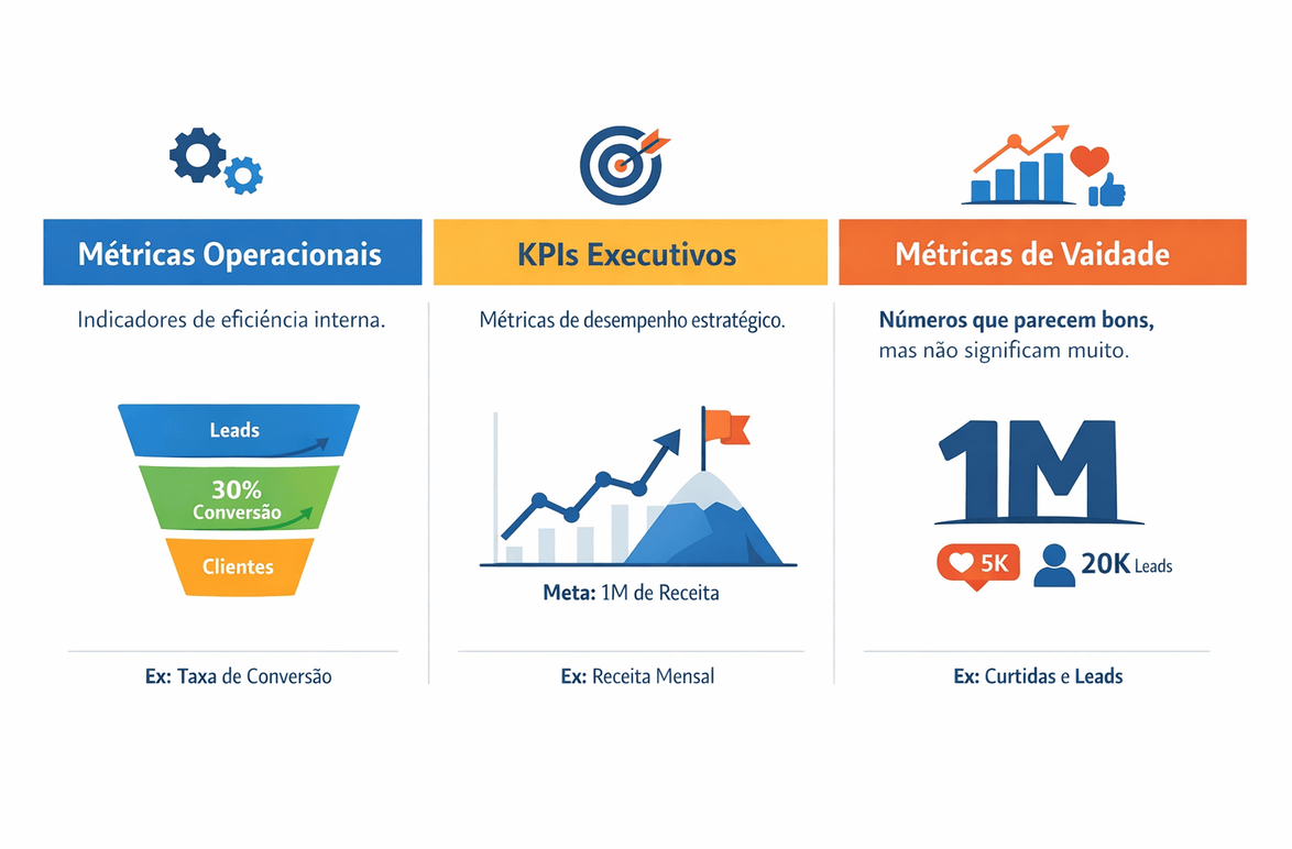 Comparativo visual entre métricas operacionais, KPIs executivos e métricas de vaidade em RevOps.