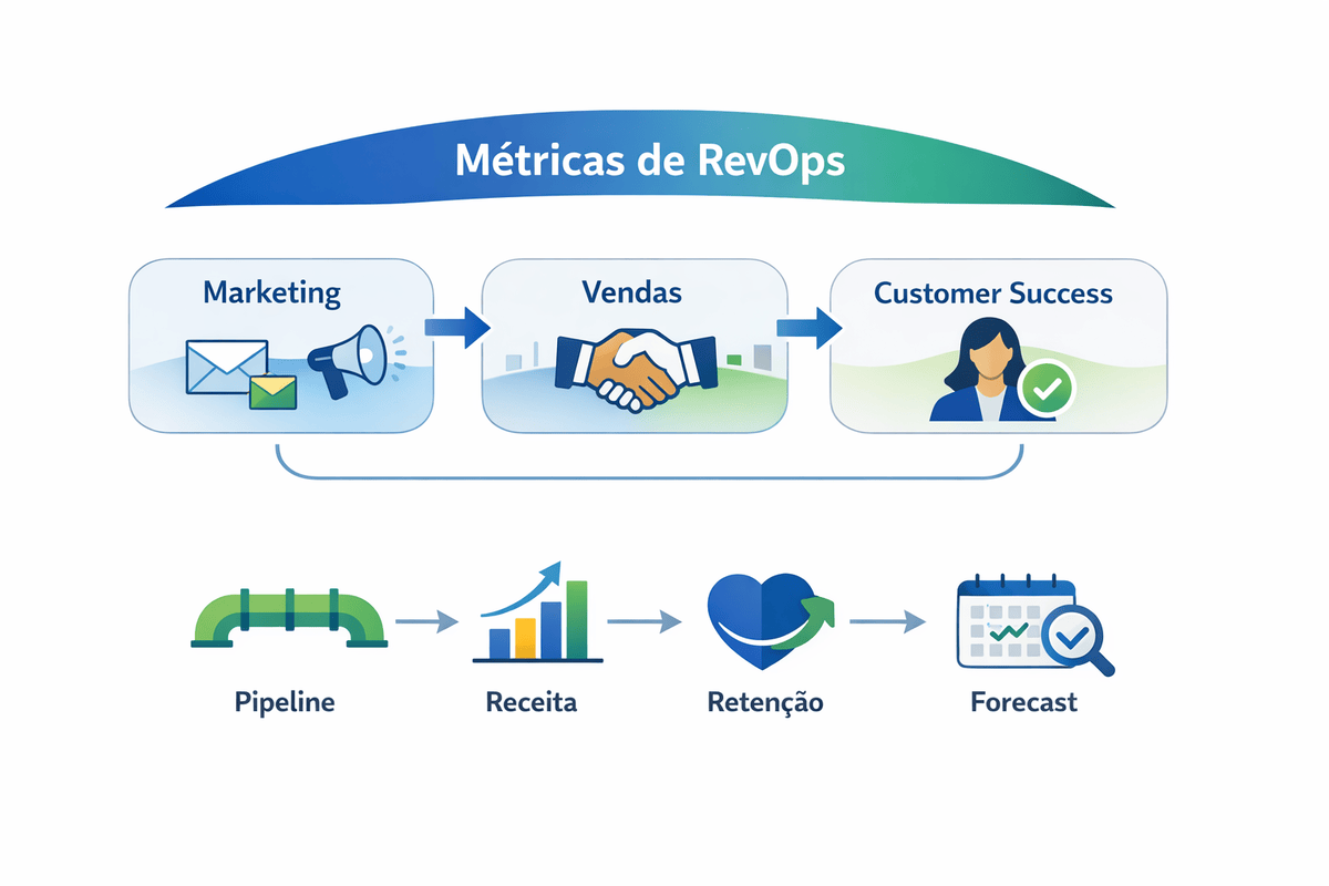 Diagrama mostrando métricas de RevOps conectando marketing, vendas, customer success, pipeline e receita.