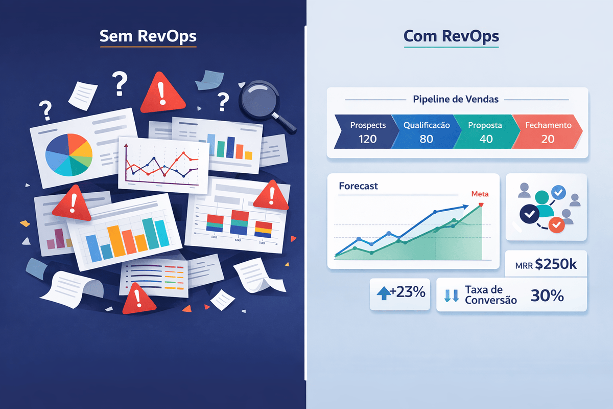 Comparação visual entre dashboards desconectados e uma operação de receita integrada por métricas de RevOps.